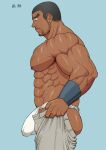  1boy abs absurdres armpit_hair ass bara beard bulge bulge_lift buzz_cut chest_hair dark-skinned_male dark_skin dressing facial_hair feet_out_of_frame grey_hair highres large_bulge large_pectorals loincloth male_focus male_underwear masaru_oka mature_male meme muscular muscular_male never_seen_a_guy_recreate_this_(meme) nipples old old_man open_pants original pants pectorals short_hair sideburns solo stomach sweat thick_arms thick_thighs thighs topless_male undersized_clothes underwear very_short_hair 
