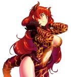  1girl blush breasts choker cleavage clothing_cutout dola_(nijisanji) dragon_girl dragon_horns dragon_tail highres horns large_breasts long_hair looking_at_viewer magari_(c0rn3r) molten_rock nijisanji red_eyes red_hair simple_background solo tail very_long_hair virtual_youtuber white_background 