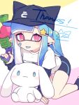  1girl :3 bandaid bandaid_on_face black_headwear black_shorts blue_hair commentary_request gun hat holding holding_gun holding_weapon inkling inkling_girl inuowour long_hair multicolored_background pink_eyes shirt shorts signature solid_oval_eyes solo splatoon_(series) splatoon_1 splattershot_(splatoon) stuffed_toy thank_you tongue tongue_out weapon white_shirt 