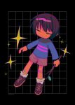  1other =_= androgynous artist_name bandaid bandaid_on_knee bandaid_on_leg black_background blue_shirt brown_footwear brown_hair brown_shorts closed_eyes dark-skinned_other dark_skin frisk_(undertale) full_body grid_background highres holding holding_stick long_sleeves menma_(enaic31) other_focus shirt shoes short_hair shorts simple_background sneakers socks solo sparkle stick striped striped_shirt twitter_username undertale white_socks 