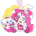  1girl animal_ears bow cake cake_hair_ornament choker cure_whip earrings eating extra_ears food food-themed_hair_ornament food-themed_ornament food_on_face gloves hair_ornament hoppetoonaka3 jewelry kirakira_precure_a_la_mode magical_girl pekorin_(precure) pink_eyes pink_hair pom_pom_(clothes) pom_pom_earrings precure rabbit_ears simple_background smile twintails usami_ichika white_gloves 