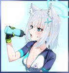  1girl animal_ear_fluff animal_ears bike_jersey blue_archive blue_eyes blush bottle breasts cleavage cross_hair_ornament gloves green_gloves grey_hair hair_ornament halo highres hizikit holding holding_bottle open_mouth shiroko_(blue_archive) shiroko_(cycling)_(blue_archive) short_hair short_sleeves small_breasts solo sweat upper_body water water_bottle 