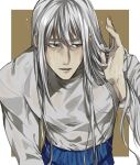  1boy blue_pants brown_background grey_eyes hair_between_eyes highres hunter_x_hunter kite_(hunter_x_hunter) long_hair long_sleeves looking_to_the_side male_focus money_health pants shirt solo very_long_hair washing washing_face white_hair white_shirt 