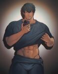  1boy abs adventurer_(ff14) bara black_hair black_pants black_shirt blue_eyes closed_mouth clothes_lift facial_hair final_fantasy final_fantasy_xiv highres holding holding_phone hyur male_focus mikomi_95 muscular muscular_male navel pants phone shirt shirt_lift short_hair smile solo warrior_of_light_(ff14) 