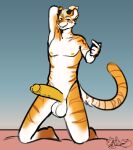  absurd_res anthro balls commanderthings felid genitals hi_res horn kneeling looking_at_viewer male mammal nipples pantherine penis piercing presenting smug solo stripes tattoo tiger 