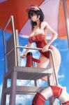  1girl aruhi_(pyxk7325) beach_umbrella black_eyes blue_sky breasts casual_one-piece_swimsuit chair cleavage cloud full_body highres large_breasts lifebuoy lifeguard lifeguard_chair medium_hair megaphone one-piece_swimsuit original red_one-piece_swimsuit sky solo swimsuit umbrella visor_cap whistle whistle_around_neck 