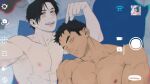  2boys abs bara bed black_hair blush closed_eyes closed_mouth couple kashikahaya large_pectorals lying male_focus multiple_boys muscular muscular_male nipples on_back on_bed original pectorals selfie short_hair sleeping taking_picture yaoi 