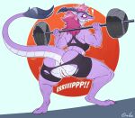  anthro anus biped blush bodily_fluids butt clothing dragon exercise female genitals goolee hair pink_hair purple_body pussy rear_view solo sweat wardrobe_malfunction weightlifting workout 