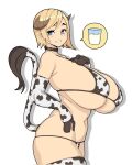  1girl animal_print bikini blonde_hair blue_eyes breasts brown_horns choker collar cow_girl cow_horns cow_tail highres horns huge_breasts looking_at_viewer milk navel original potatoartox print_bikini short_hair simple_background smile solo standing swimsuit tail thighhighs white_background 