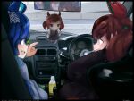  1other 3girls ahoge animal_ears balladeluce black_border blue_hair border bow brown_hair car car_interior car_seat character_doll character_name crossed_bangs ear_covers from_behind glasses hair_bow hair_tie hand_on_own_head highres horse_ears horse_girl ikuno_dictus_(umamusume) long_sleeves mirror motor_vehicle multicolored_hair multiple_girls nice_nature_(umamusume) opaque_glasses open_mouth pointing rear-view_mirror streaked_hair striped striped_bow suzuki_(company) suzuki_alto teeth twin_turbo_(umamusume) twintails twitter_username umamusume upper_teeth_only 