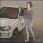  1girl brown_hair car car_keys cigarette collarbone commentary_request full_body grey_footwear grey_pants grey_shirt holding holding_key key long_sleeves looking_at_viewer momo_hiki motor_vehicle original pants shirt shoes short_hair smoking sneakers solo standing vehicle_request 