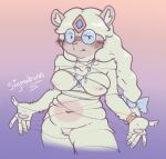  absurd_res anthro asses4themasses blush bow_ribbon cartoon_network eyewear female fluffy fur glasses hi_res jewelry pawpads sigmabunn signature simple_background solo string summer_camp_island white_body white_fur yeti 