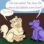 1:1 baby_talk blue_eyes cuddlybloodily dialogue duo english_text erection female feral fluffy_pony fluffy_pony_(species) fur genitals grass hi_res male mammal penis plant purple_body purple_fur simple_background teats text yellow_body yellow_fur 