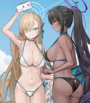  2girls arm_up ass asuna_(blue_archive) bikini black_bikini black_hair blonde_hair blue_archive blue_eyes blue_sky breasts cellphone dark-skinned_female dark_skin day grin halo high_ponytail highres holding holding_phone karin_(blue_archive) large_breasts long_hair looking_at_viewer mole mole_on_breast multiple_girls navel one_eye_closed outdoors phone quarter_1404 sky smartphone smile stomach strap_gap swimsuit teeth very_long_hair white_bikini yellow_eyes 