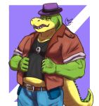  2023 alligator alligatorid anthro bottomwear brok_(character) brok_the_investigator clothing crocodilian green_body hat headgear headwear humanoid_hands male moondantrash musclegut pants reptile scalie shirt slightly_chubby solo topwear 