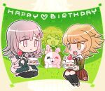  1boy 1girl :d backpack bag black_ribbon black_socks black_thighhighs brown_eyes brown_footwear brown_skirt danganronpa_(series) danganronpa_2:_goodbye_despair ear_bow flipped_hair fork fujisaki_chihiro full_body galaga green_jacket hair_ornament happy_birthday heterochromia holding holding_fork jacket kneehighs koracoid looking_at_another medium_hair miniskirt monomi_(danganronpa) nanami_chiaki neck_ribbon outline pink_eyes pink_ribbon pleated_skirt ribbon shoes skirt smile socks teeth thighhighs upper_teeth_only white_outline 