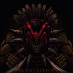  1boy black_background blood blood_on_weapon bloodseeker_(dota) bone_necklace character_name dota_(series) dota_2 dual_wielding facing_viewer feathers grin holding male_focus muscular muscular_male scorpionork smile solo teeth upper_body weapon 