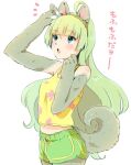  1girl ahoge animal_ears aqua_eyes bare_shoulders blunt_bangs bow brown_hairband commentary_request eyelashes floral_print flower furrification furry furry_female green_hair green_shorts grey_fur hair_flower hair_ornament hairband hand_on_own_chin hand_on_own_head idolmaster idolmaster_million_live! light_blush long_hair looking_up midriff navel notice_lines open_mouth shimabara_elena shorts snout solo squirrel_ears squirrel_girl tank_top teeth upper_teeth_only waist_bow white_background white_flower witoi_(roa) yellow_bow yellow_tank_top 