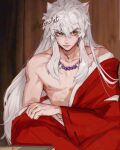  1boy animal_ears azeen closed_mouth facing_viewer highres inuyasha inuyasha_(character) japanese_clothes jewelry long_hair long_sleeves looking_to_the_side male_focus necklace shirt_partially_removed sitting solo twitter_username unhappy white_hair wooden_wall yellow_eyes 