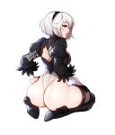  1girl ass back_cutout black_gloves black_hairband black_thighhighs blindfold blushyspicy breasts clothing_cutout from_behind gloves hairband huge_ass juliet_sleeves leotard long_sleeves looking_back medium_breasts meme nier:automata nier_(series) outline puffy_sleeves shiny_skin short_hair sitting smile solo teeth thick_thighs thighhighs thighs white_hair white_outline yorha_no._2_type_b you_may_spank_it_once_(meme) 