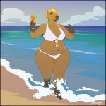  2023 5_fingers absurd_res anthro beach beverage big_breasts bikini breasts brown_body brown_fur capybara caviid clothed clothing curvy_figure day female fingers full-length_portrait fur greasymojo green_eyes hair hi_res huge_breasts mammal multicolored_body multicolored_fur navel open_mouth outside portrait rodent seaside signature slightly_chubby solo standing swimwear tan_body tan_fur thick_thighs two_tone_body two_tone_fur voluptuous wide_hips 