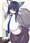  anthro belly big_breasts big_butt black_hair blue_eyes blush blush_lines bottomwear breasts butt canid canine clothing female fox fur grey_body grey_fur hair hand_on_table hi_res huge_breasts huge_butt huge_thighs hyper hyper_breasts kemono looking_at_viewer mammal midriff multicolored_body multicolored_fur navel necktie open_mouth panties pants shirt slightly_chubby slightly_chubby_anthro slightly_chubby_female solo standing tail tailzkim thick_thighs topwear underwear unknown_character white_body white_fur wide_hips 