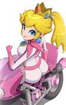  1girl absurdres ass biker_clothes bikesuit blonde_hair blue_eyes bodysuit breasts closed_mouth crown eyelashes from_above from_behind gloves gonzarez high_ponytail highres large_breasts long_hair looking_at_viewer looking_back looking_up mario_(series) mario_kart motor_vehicle motorcycle pink_gloves pink_lips pink_scarf princess_peach scarf simple_background skin_tight solo white_background 