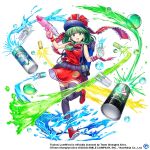  1girl alternate_costume belt black_thighhighs can cheerleader commentary copyright_name cup english_commentary front_ponytail full_body game_cg green_hair hair_ribbon holding holding_cup holding_water_gun kagiyama_hina kagiyama_hina_(misfortune_exorcising_cheerleader) kawashiro_nitori leg_up looking_at_viewer medium_hair open_mouth red_footwear red_ribbon red_shirt red_skirt ribbon rotte_(1109) shirt skirt solo thighhighs third-party_source touhou touhou_lost_word visor_cap water_gun 