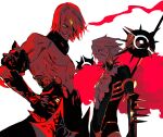  2boys ashwatthama_(fate) blue_eyes dark-skinned_male dark_skin evil_grin evil_smile facing_viewer fate/grand_order fate_(series) glowing glowing_eyes grin hair_over_one_eye hand_on_own_hip highres holding holding_polearm holding_weapon jewelry karna_(fate) looking_at_viewer male_focus multiple_boys muscular muscular_male nipples pale_skin pectorals polearm profile red_hair short_hair smile spear standing towa_(10_wa) upper_body weapon white_background white_hair yellow_eyes 