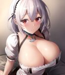  1girl anchor_choker asanagi_shion azur_lane blush breasts cleavage closed_mouth commentary_request frills hair_between_eyes hairband large_breasts looking_at_viewer puffy_sleeves red_eyes short_hair short_sleeves sirius_(azur_lane) sitting solo upper_body white_hair 
