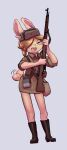  absurd_res anthro army army_uniform boots bottomwear brown_body brown_fur brown_hair chibi clothing costume cute_expression denselynx domestic_rabbit dress_shirt ears_up eyes_closed female footwear formal_wear freckles fur gun hair happy hat headgear headwear hi_res holding_gun holding_object holding_rifle holding_weapon hunting_rifle lagomorph leporid mammal miniskirt mosin-nagant oryctolagus pouches rabbit ranged_weapon rifle rifle_sling russia russian satchel scut_tail shirt short_hair short_tail size_difference skirt smaller_female smile sniper_rifle soldier soldier_uniform solo soviet_union tail tail_motion tailwag tan_clothing topwear ushanka warrior water_canteen weapon world_war_2 yulia_(bakedbunny) 