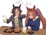  2girls alternate_costume animal_ears beer_mug black_jacket blue_shirt breasts brown_hair casual chopsticks closed_eyes cup daiwa_scarlet_(umamusume) drinking fang flying_sweatdrops food green_shirt hair_intakes hair_over_one_eye highres holding holding_cup horse_ears jacket laughing long_hair long_sleeves medium_breasts motsunabe_(mo2nap3) mug multiple_girls notice_lines open_mouth plate shirt skin_fang small_breasts table twintails umamusume v-shaped_eyebrows vodka_(umamusume) white_background wiping_mouth 
