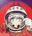  astronaut blue_eyes dated gloves hand_up helmet highres looking_at_viewer original red_star russia short_hair soviet space_helmet star_(symbol) symbol-shaped_pupils watermark white_gloves white_hair wuyuu 