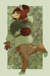  2021 anthro artist_name barefoot biped bottomwear brown_hair butt clothed clothing countershade_face countershade_fur countershade_torso countershading curled_hair dated digital_media_(artwork) equid equine eyelashes feet fur green_bottomwear green_clothing green_eyes green_hoodie green_shorts green_topwear hair hi_res hoodie hooves kooriki looking_at_viewer looking_back looking_back_at_viewer mammal on_one_leg rear_view shaded shorts simple_background solo standing tail tan_body tan_fur topwear 