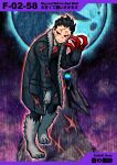  1boy big_and_will_be_bad_wolf black_hair blood blood_on_hands blue_coat blue_eyes blue_moon blue_pants boots check_gender claw_pose claws closed_mouth coat collared_shirt commentary_request e.g.o_(project_moon) employee_(lobotomy_corporation) full_body full_moon fur_trim glowing glowing_eye grey_footwear hair_pulled_back half-closed_eyes howling hunched_over injury lobotomy_corporation long_sleeves male_focus meimaru_inuchiyo moon necktie night night_sky numbered pants partial_commentary pocket project_moon red_eyes red_necktie scar scar_on_face shirt short_hair sky smile spiked_hair v-shaped_eyebrows white_shirt wolf_paws 