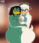  &lt;3 absurd_res anatid anseriform anthro avian bedroom_eyes big_breasts bird breasts coin colty8 della_duck dime disney duck ducktales ducktales_(2017) duo female female/female flight_goggles hi_res holding_other huge_breasts jewelry looking_at_viewer magica_de_spell narrowed_eyes necklace nipple_piercing nipples nude piercing pinup pose scraf seductive smile tasteful_nudity 