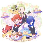  3boys :d ;) absurdres black_vest blue_bow blue_bowtie blue_eyes blue_hair blush_stickers bow bowtie brothers buttons cake chili_(pokemon) cilan_(pokemon) closed_mouth commentary_request cress_(pokemon) cup cupcake food green_bow green_bowtie green_eyes green_hair hair_over_one_eye highres holding holding_plate index_finger_raised long_sleeves male_focus multiple_boys one_eye_closed open_mouth panpour pansage pansear paru_rari plate pokemon pokemon_(creature) pokemon_(game) pokemon_bw red_bow red_bowtie red_eyes red_hair sandwich saucer shirt short_hair siblings smile tea teacup teeth tongue upper_teeth_only vest white_shirt 