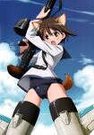  1girl absurdres angry animal_ears brown_eyes brown_hair dog_ears dog_girl dog_tail drum_magazine gun highres machine_gun magazine_(weapon) miyafuji_yoshika no_pants official_art school_swimsuit school_uniform short_hair solo strike_witches striker_unit swimsuit swimsuit_under_clothes tail takamura_kazuhiro type_99_cannon weapon world_witches_series 