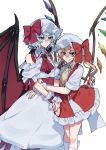  2girls absurdres ascot bare_shoulders bat_wings blonde_hair blue_hair bow brooch crystal flandre_scarlet hat hat_ribbon highres himadera hug jewelry laevatein_(touhou) looking_at_viewer mob_cap multiple_girls one_side_up puffy_short_sleeves puffy_sleeves red_eyes red_skirt red_vest remilia_scarlet ribbon shirt short_hair short_sleeves siblings side_ponytail simple_background sisters skirt skirt_set smile touhou vest white_background wings yandere yellow_ascot 