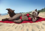  2023 5_fingers accessory anthro beach bikini bikini_bottom bikini_top breasts brown_body brown_fur canid canine canis clothed clothing female fingers foxovh fur group hair hair_accessory hair_tie inner_ear_fluff looking_at_viewer lying mammal navel on_side red_eyes sand sea seaside sky solo_focus swimwear tail tied_hair tuft water white_hair wolf 