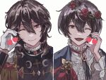  2boys black_shirt blue_cape brown_hair cape closed_mouth crown_of_thorns earrings ensemble_stars! flower heart heart_hands heart_hands_duo highres jewelry librilesser long_sleeves looking_at_viewer male_focus multiple_boys official_alternate_costume one_eye_closed open_mouth red_eyes red_flower red_rose rose sakuma_rei_(ensemble_stars!) sakuma_ritsu shirt white_background white_shirt yellow_flower yellow_rose 