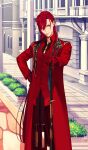  1girl fate/grand_order fate_(series) jacket long_hair looking_at_viewer oda_nobunaga_(fate) oda_nobunaga_(maou_avenger)_(fate) official_art pako_(pakosun) red_eyes red_hair red_jacket red_shirt shirt sword weapon 