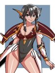  1girl arm_guards armor ass_visible_through_thighs bangs black_eyes black_hair black_leotard breasts claw_(weapon) cleavage closed_mouth collarbone covered_navel cowboy_shot english_commentary faulds fire_emblem fire_emblem:_genealogy_of_the_holy_war groin hair_between_eyes highleg highleg_leotard highres langrisser langrisser_ii larcei_(fire_emblem) legs_apart leotard long_hair medium_breasts mnejing30 pauldrons red_armor ringed_eyes sherry_(langrisser) short_hair_with_long_locks shoulder_armor smile solo split_mouth standing weapon 