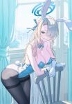  1girl absurdres animal_ears asuna_(blue_archive) asuna_(bunny)_(blue_archive) black_pantyhose blonde_hair blue_archive blue_halo blue_ribbon blurry blurry_background breasts chair cleavage curtains eyes_visible_through_hair fake_animal_ears fake_tail gloves goeleu hair_over_one_eye hair_ribbon halo highres indoors large_breasts long_hair looking_at_viewer mole mole_on_breast official_alternate_costume pantyhose playboy_bunny rabbit_ears rabbit_tail ribbon smile solo tail white_gloves window 