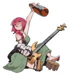  1girl alcohol_carton bass_guitar blush bocchi_the_rock! closed_eyes dress drunk green_dress highres hiroi_kikuri instrument jacket long_hair low-braided_long_hair niking sharp_teeth teeth 