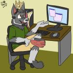  ankle_on_knee anthro antlers cervine chair computer computer_keyboard computer_mouse deer desk eye_scar facial_scar feet files foot_focus full_pad furniture headgear headphones headset horn jd_puppy keyboard male mammal neck_tuft office_chair paws pink_soles plantigrade ra&#039;deer scar table talking_to_another tuft 