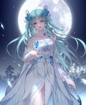  1girl absurdres artist_request bare_shoulders blue_eyes bug butterfly butterfly_hair_ornament closed_mouth detached_sleeves douluo_dalu earrings full_moon hair_ornament highres index_finger_raised jewelry long_hair moon necklace night pointing pointing_at_viewer second-party_source smile solo tang_wutong_(douluo_dalu) tassel tassel_hair_ornament tree 