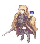  1girl alternate_costume armor armored_dress black_dress black_thighhighs blonde_hair breastplate brown_gloves butterfly_hair_ornament celine_(fire_emblem) dress fire_emblem fire_emblem_engage full_body gloves green_eyes hair_ornament highres holding holding_sword holding_weapon levin_sword long_hair long_sleeves looking_at_viewer open_clothes open_robe pflglcht robe solo sword thighhighs very_long_hair weapon white_background wide_sleeves 