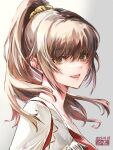  1girl :d breasts brown_eyes brown_hair dated ellen_carson erinoshin highres long_hair looking_at_viewer open_mouth ponytail romancing_saga_3 saga simple_background smile solo white_background 