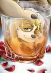  absurd_res anthro beverage blonde_hair blue_eyes canid canine canis clawed_fingers domestic_dog floppy_ears flower_petals glass hair hechaxianzhi hi_res hisaki_(live_a_hero) ice lifewonders live_a_hero male mammal one_eye_closed petals reflection rose_petals smile solo wink 